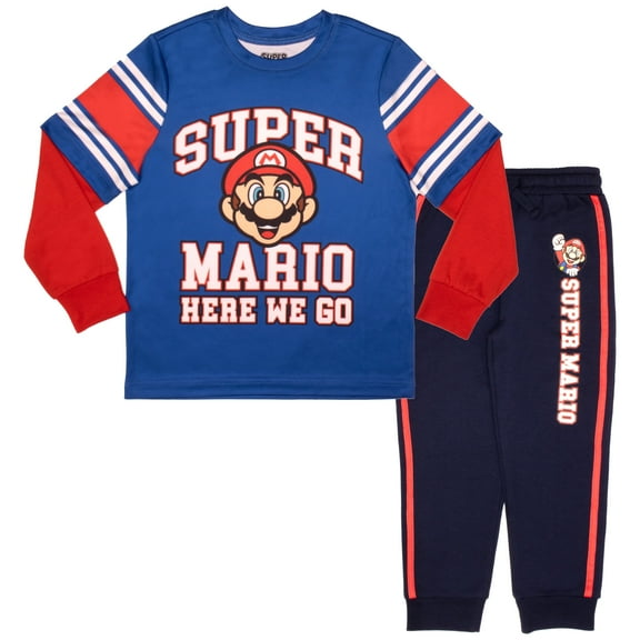 Nintendo Mario Boys Athletic Long Sleeve and Sweatpants 2-Piece Set for Kids (Size 4-16)