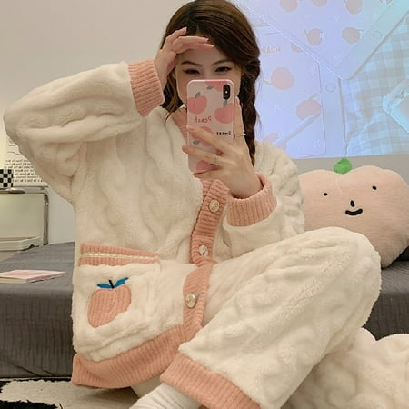 

PIKADINGNIS Warm Women Flannel Kimono Pajamas Set Long Sleeve Soft Home Clothes Printing Soft Sleepwear Loungewear Womens Set Pyjamas Set