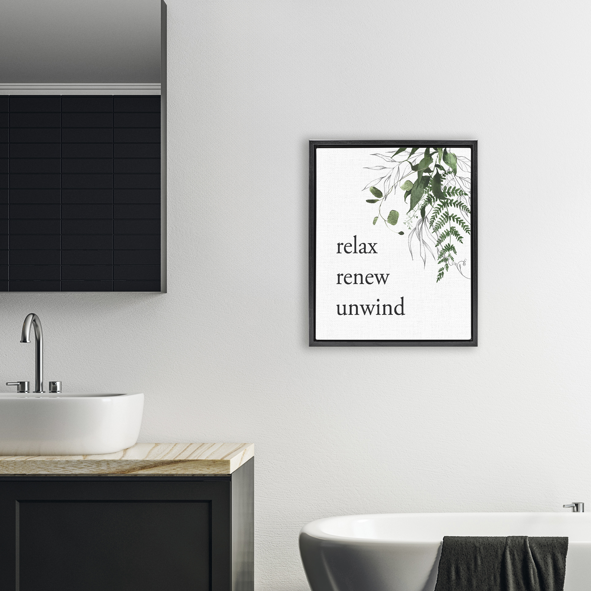 Relax Renew Unwind with Foliage Black Framed Floater Canvas Wall Art, design by Lettered and Lined