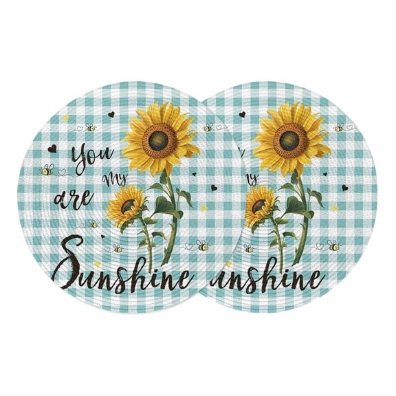 Sunflower Round 13 Inch Placemats Set of 2, Teal Green Check You Are My Sunshine Bee HeatResistant Non Slip Place Mats for Dining Table, Wipeable Braided Kitchen Table Mats for Housewarming