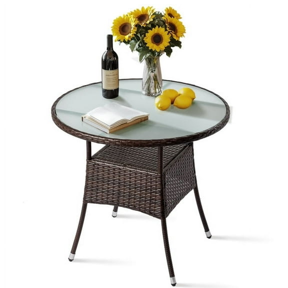 31.5" Patio Table for 4-Person, Outdoor Patio Wicker Round Dining Table, All-Weather Rattan Bistro Dining Table w/Glass Tabletop for Backyard Deck Porch Poolside, Brown