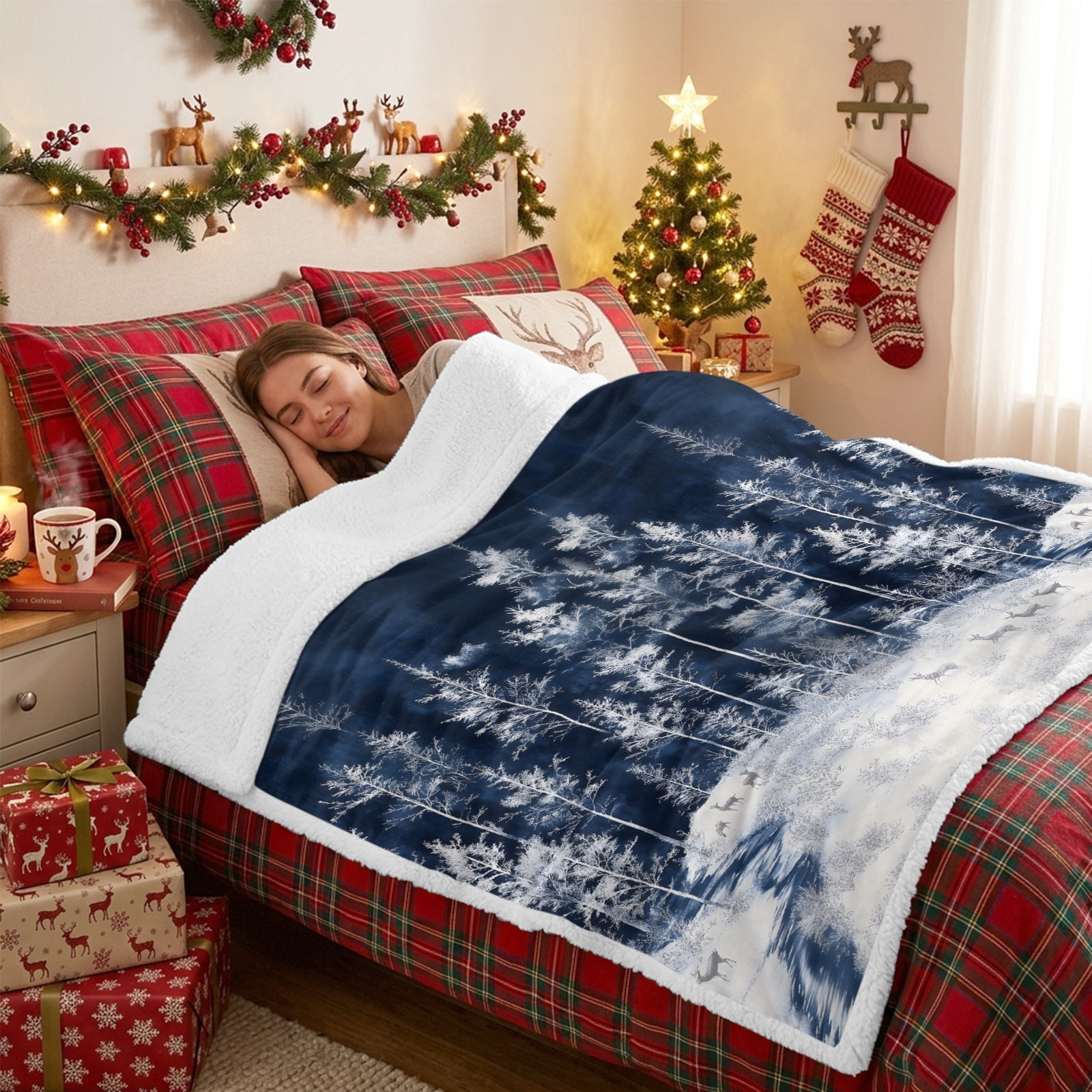 Sherpa Blankets Fleece Throw Blanket Reversible Soft Cozy Bed Blankets Winter Forest Elk Pine Trees,Flannel Sofa Throws,Snowfield Reindeer Trees Fuzzy Warm Blankets for Couch,50x60in