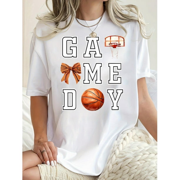 1pc Women'S Casual Basketball Game Day Printed T-Shirt, Round Neck Short Sleeve, Knitted Polyester Fabric, Geometric Pattern, Comfortable Sporty Tee for All Seasons