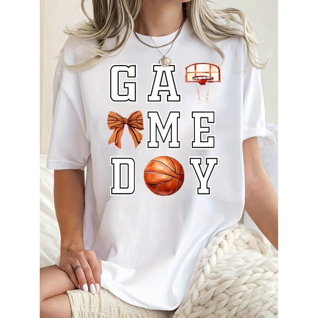 Camiseta informal de baloncesto para mujer, con estampado de día de partido, cuello redondo y manga corta, tejido de algodón, estampado geométrico, cómoda y deportiva para todas las estaciones.