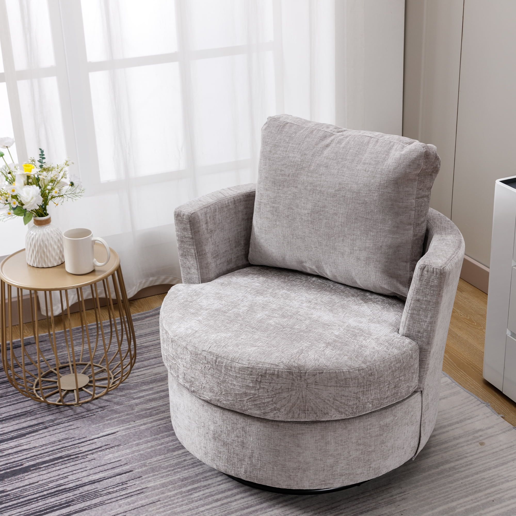 Dinosisco Swivel Barrel Chair, Chenille Accent Armchair for Living Room Bedroom, Gray