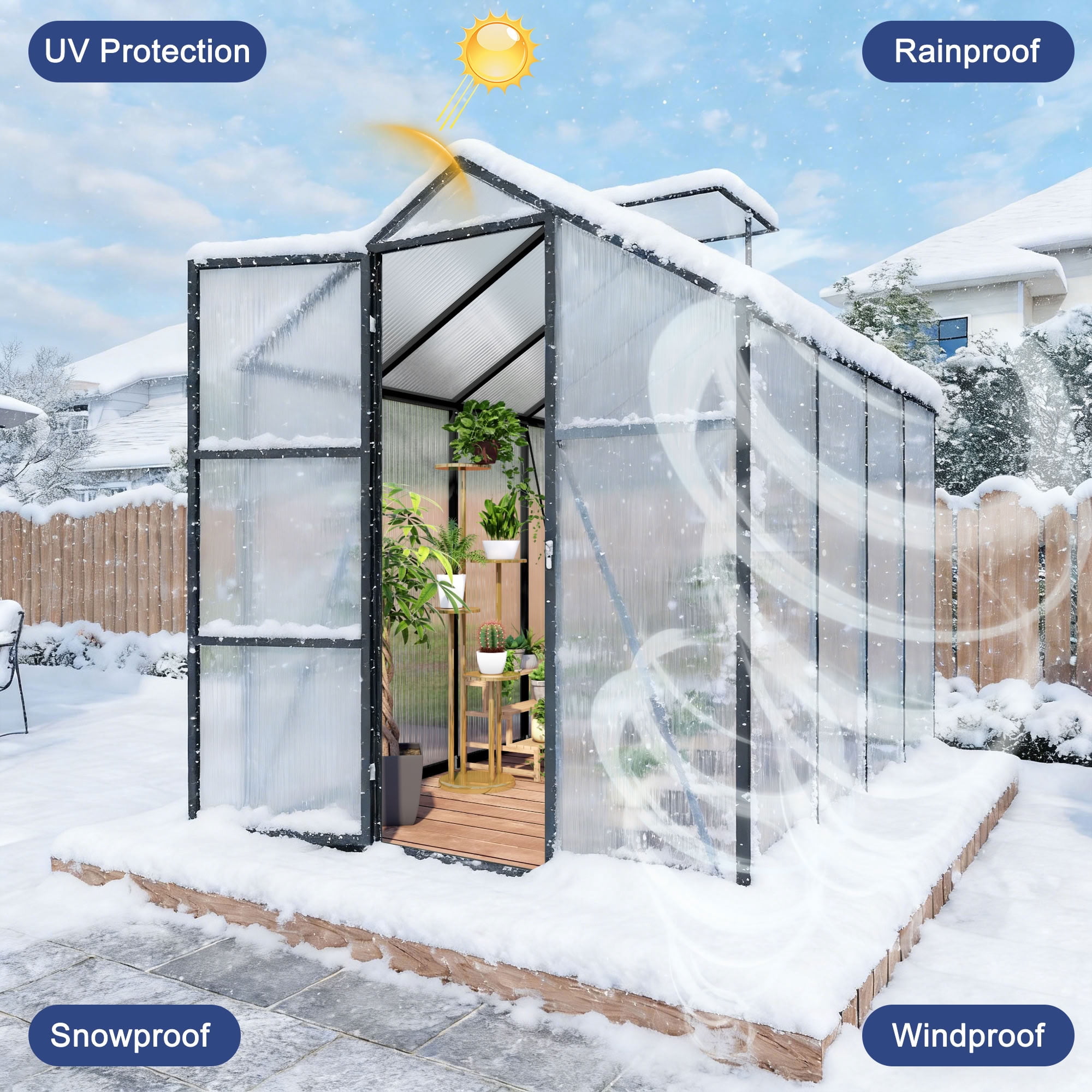 MAYEERTY 6x8 FT Walk-in Outdoor Greenhouse with Aluminum Frame, Adjustable Vents & Lockable Door, UV-Protected Greenhouse for Backyard, Patio & Garden