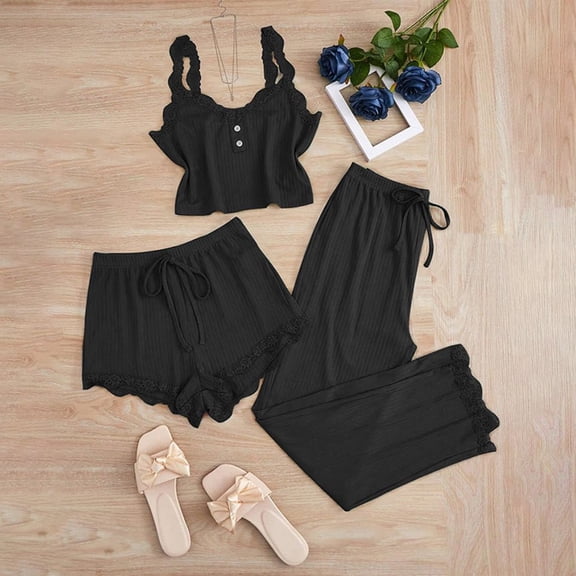Pajamas for Women Set 3 Piece Lace V Neck Tank Top Shorts Loungewear Suit Black L