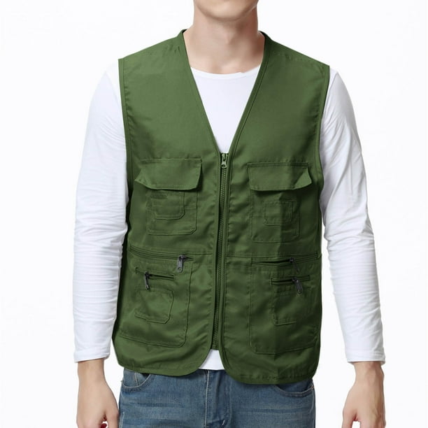 pstuiky Camisetas interiores de tirantes para hombre, Camiseta de tirantes con cuello en V, multibolsillos y cremallera para exteriores, de color liso y práctica para hombre Chaleco para hombre xxxl