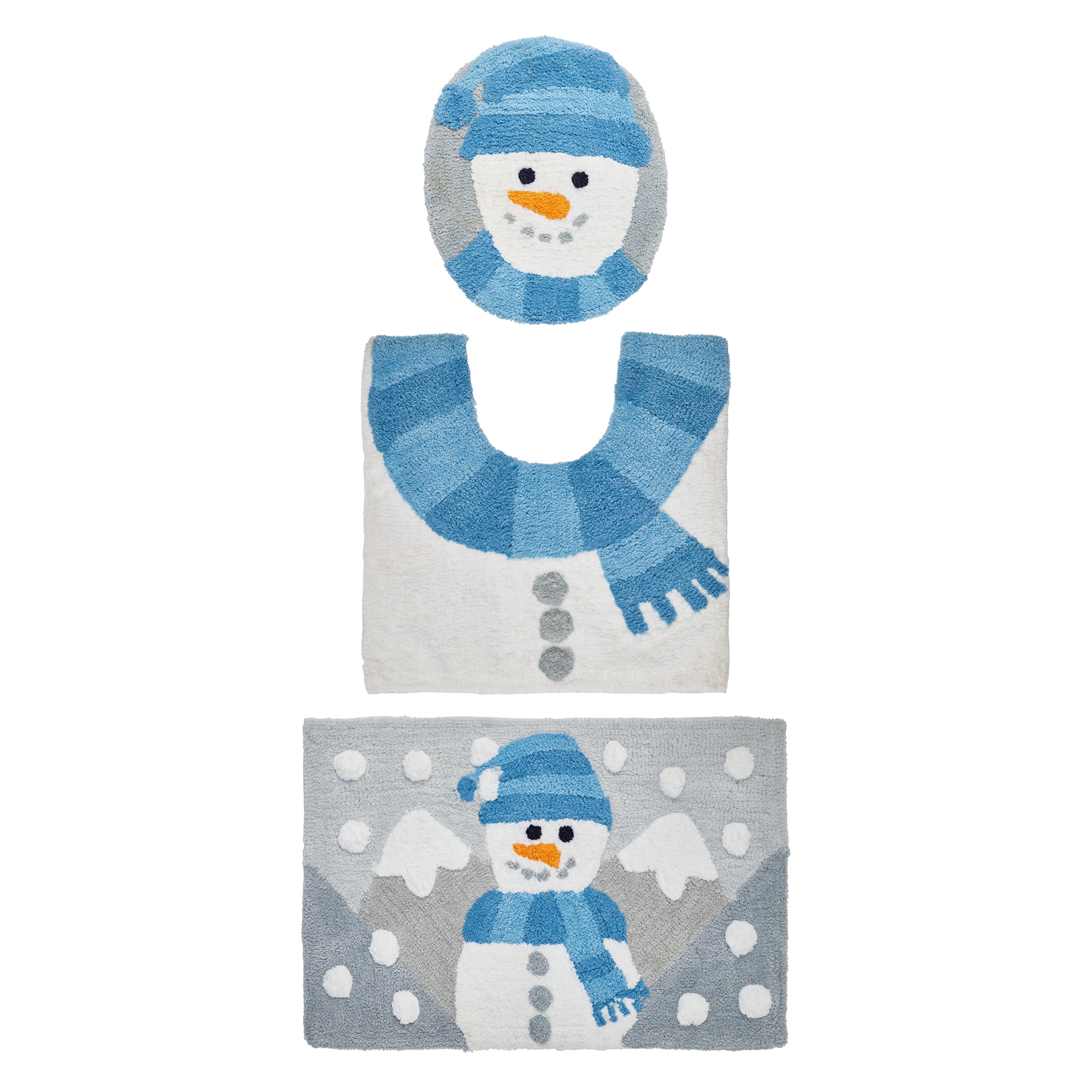 Holiday Time Snowman Blue Cotton/Polyester Bath Rug Set, Non-Slip, 3 Pieces