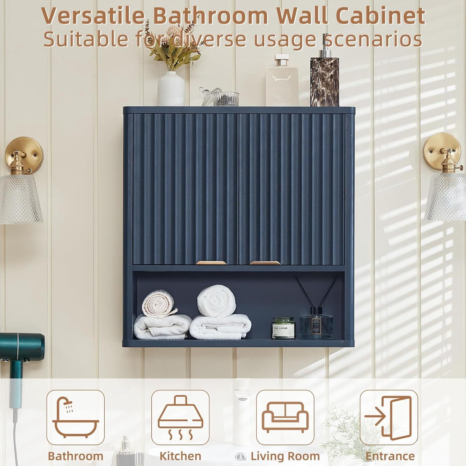 Leyaoyao Fluted Bathroom Cabinet Wall Mount, Adult Medicine Cabinet Storage Organizer with Doors and Adjustable Shelves, Navy