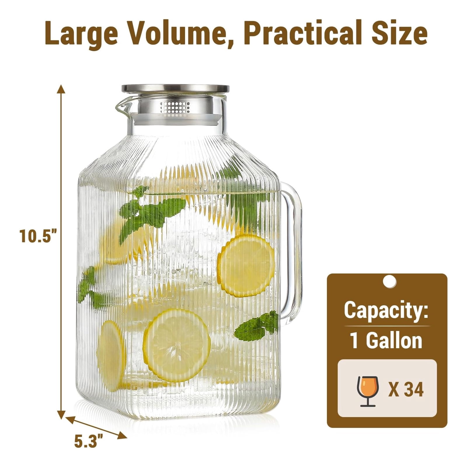 HQinX 1 Gallon Square Glass Pitcher with Lid, Thickened Borosilicate Glass Carafe for Fridge, Large Jug with Handle for Hot/Cold Brew Drink