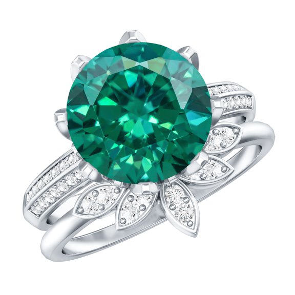 Rosec Jewels Floral Ring Set with Lab Grown Emerald and Moissanite - 3 Carat Emerald (AAAA Grade), 925 Sterling Silver, US 4.00