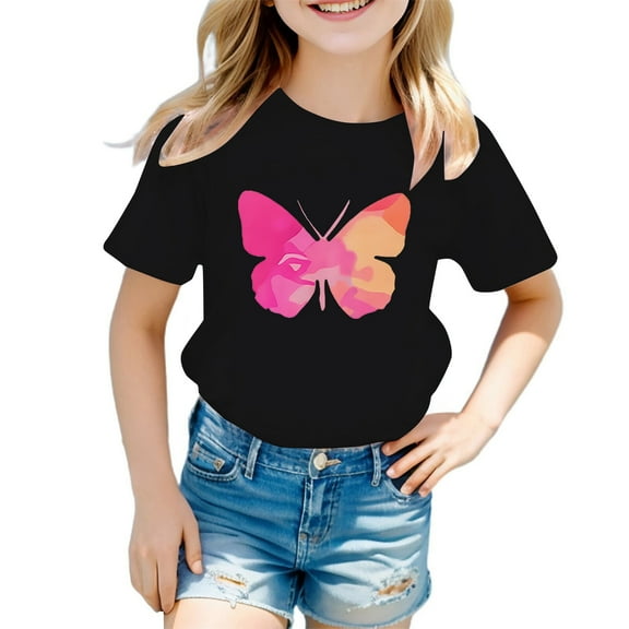 Tiijoy Toddler Girls Graphic Tee Butterfly Print Short Sleeve Casual T Shirt, Sizes 3-4T