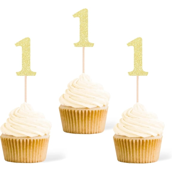 Gold Glitter Number 1 Cupcake Toppers, 12PCS First Birthday Cupcake Picks for Baby 1st Birthday Party Cake Decorations