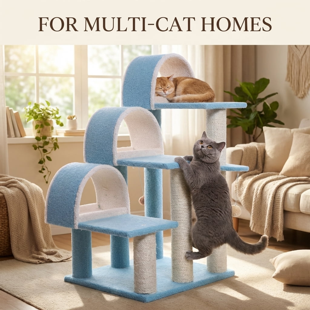 Multi-Level Cat Tree with Sisal Scratching Posts, Blue and Beige, 31x20x38 Inches, 3 Arched Condos, Hanging Toy Ball