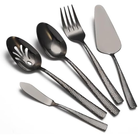 Large Hostess Serving Utensils Set, Stainless Steel Heavy Duty Hammered Serving spoons, Slotted Spoons, Serving Fork, Cake Server, Butter Knife, Dishwasher Safe（Black）