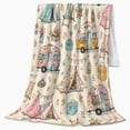 thumbnail image 2 of Whimsical Vintage Camping Trailers Tents Cream, Rustic Camping Scene, Warm Flannel Blanket for Cabin and Lodge with Detailed Artwork, Outdoor Lovers Camping Gift, Festive Home Decor, 2 of 9