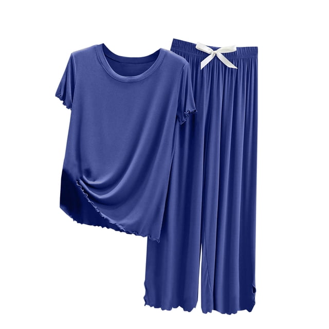 Timegard Ensembles Lounge pour Femmes Pyjamas 2 Pcs T-Shirt à Col Rond Pantalon à Nœud Papillon Tenues d'Été Vêtements d'Intérieur