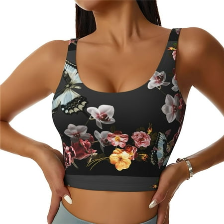 Adobk Butterfly with Fowers Print Sports Bras for Women Longline Workout Crop Tank Tops Padded with Built in Shelf Padded Sports Bra-X-Large