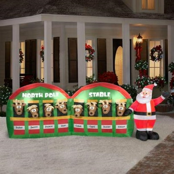 11' Airblown Santa in Stable with 8 Reindeer Giant Christmas Inflatable