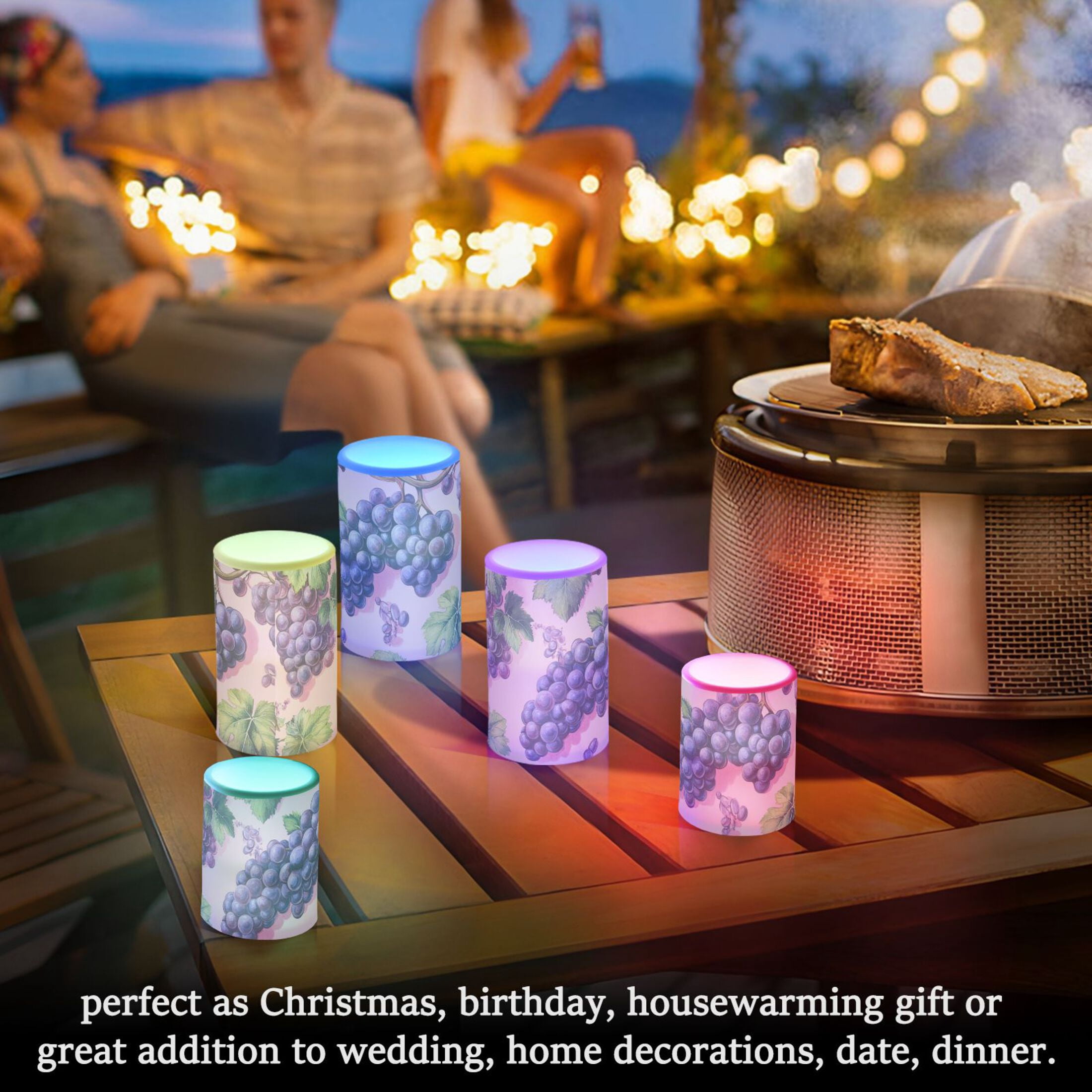 Purple Grapes Flickering Flameless Candles Battery Operated with Remote Timer LED Pillar Candles Set of 2
