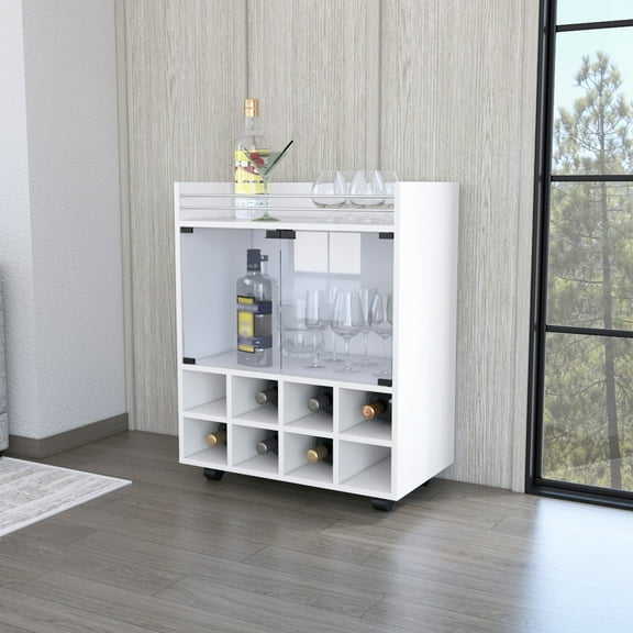Bar Cart In White - 8 Rack, Glass Cabinet With Aluminum Decor Modern Integrated Holder, Enclosure, Accented Top For Homes