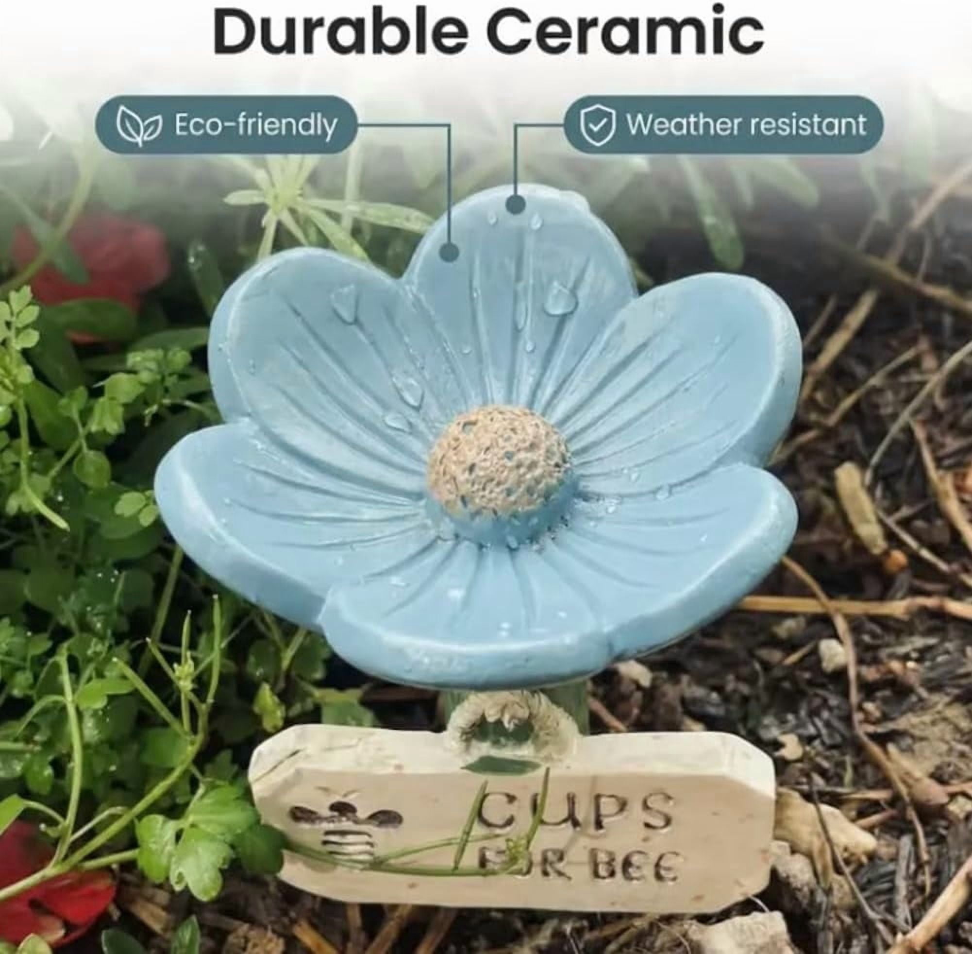 Flower-Shaped Ceramic Bee Watering Station, Hummingbird Feeder with Flower Design, Outdoor Pollinator Water Bowl with Textured Center, Bee Pollinator Feeder Drinking Cup with Stake Base(Blue)
