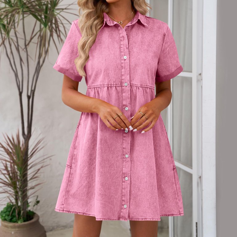 womens pink denim dress Women Pink Denim Dress Trendy Casual High Waist Belted Button Down Split A-Line Jean Shirt Maxi Dress with Pocket 2024 Summer-Pink|S at Amazon Women's Clothing store