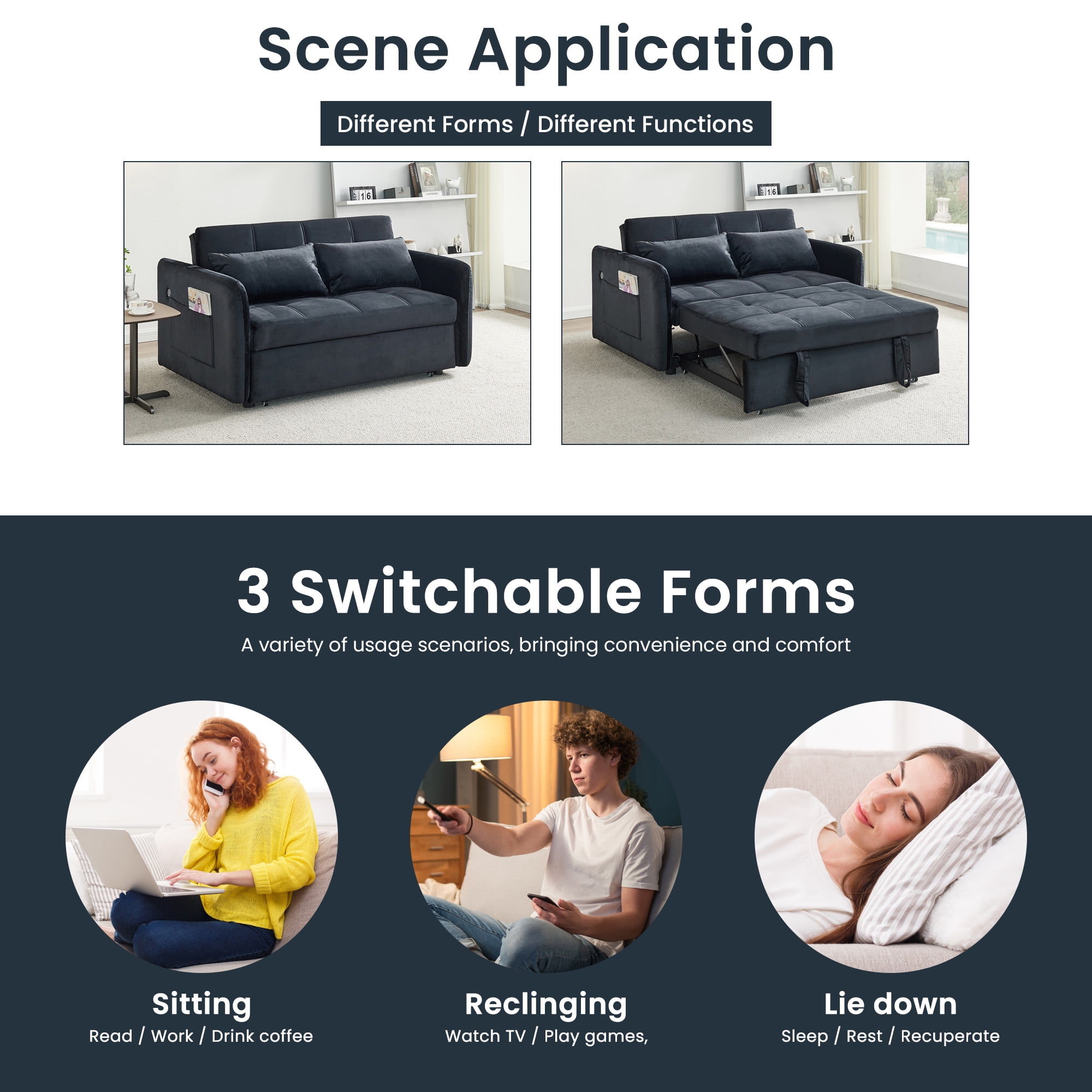DEALTOPS 55.5" Pull Out  Loveseats Sleeper Sofa Bed with USB Ports and Side Pockets, Black
