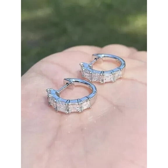 2Ct Asscher Cut Lab Created Diamond Women Huggie Hoop Earrings 14K White Gold Plated 925 Sterling Silver For Her