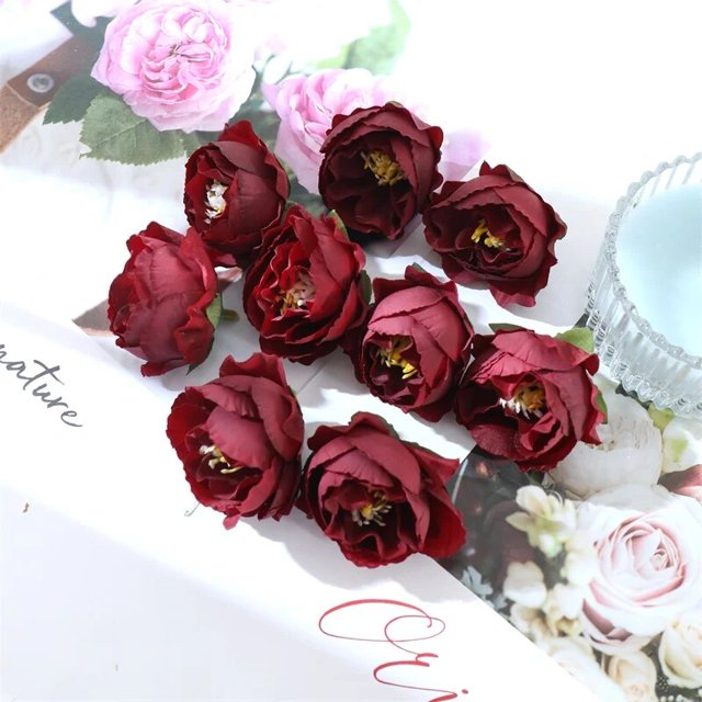 Flores artificiales falsas para decoración del hogar, ramo de té de seda con cabeza de rosas, coronas decorativas de Navidad, regalo artesanal, 100 piezas