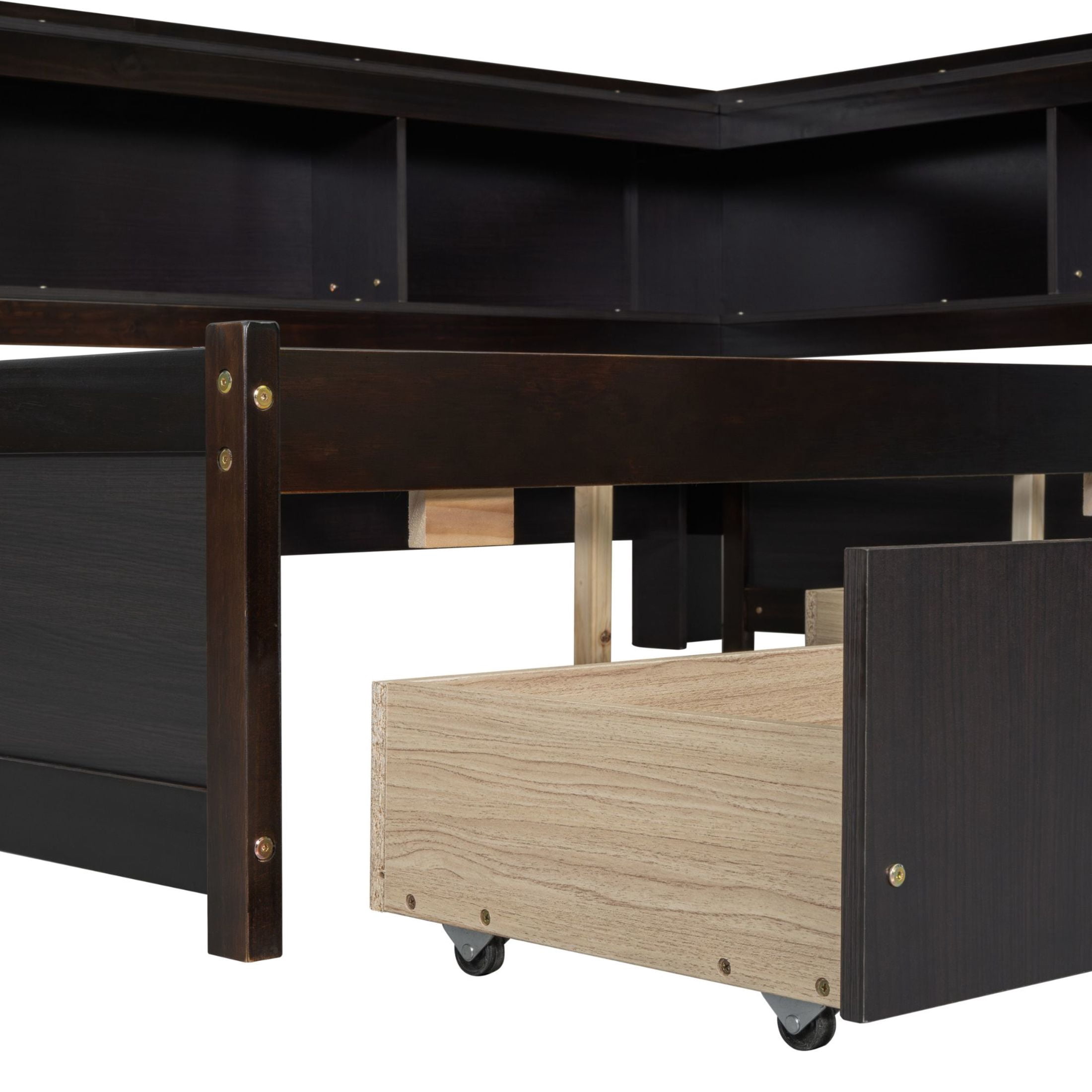 Noble House Full L-Shaped Bookcase Bed, Pine Wood Frame with Power Outlets, Storage Drawers & Headboard Shelves, Espresso