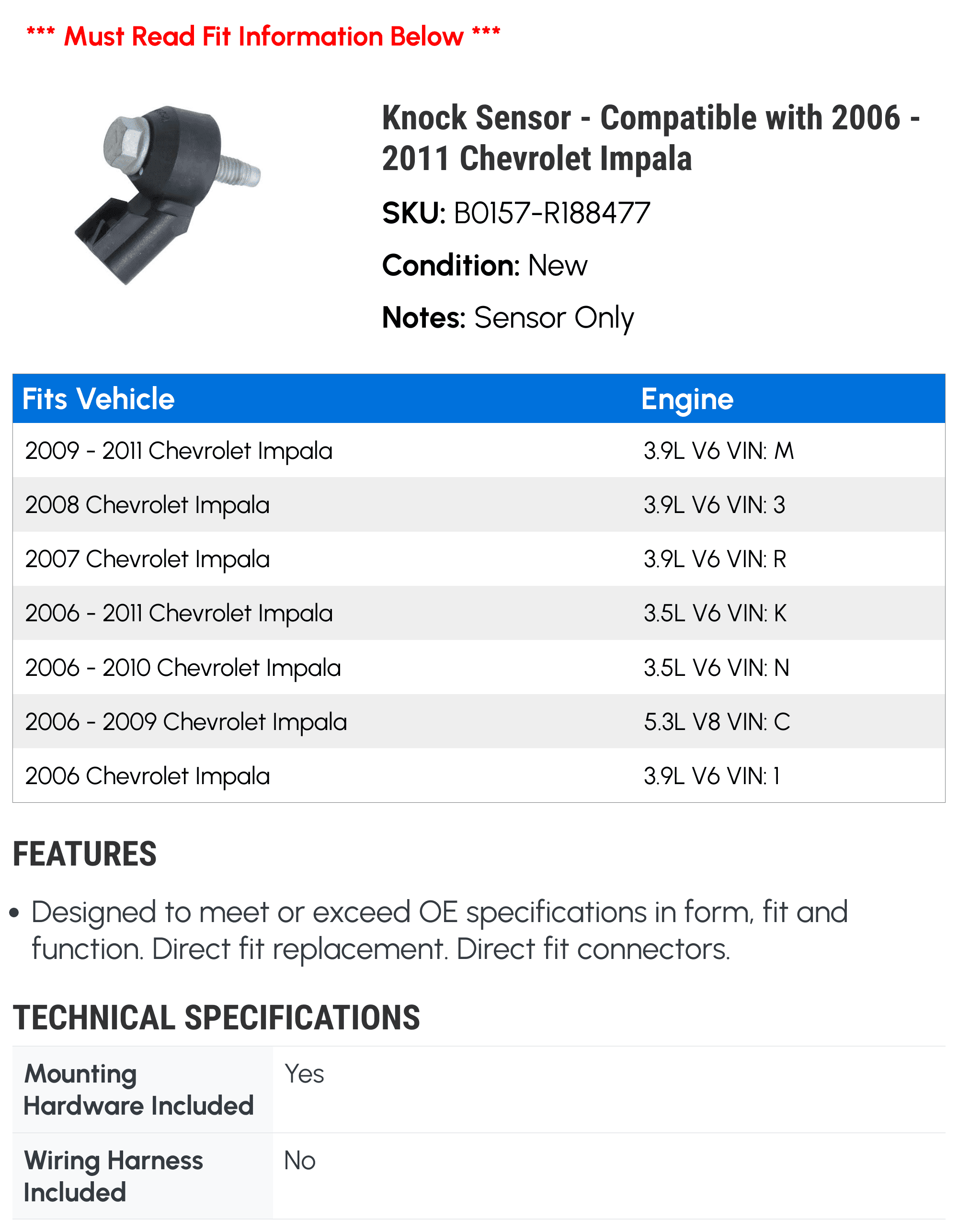 Knock Sensor - Compatible with 2006 - 2011 Chevy Impala 2007 2008 2009 2010