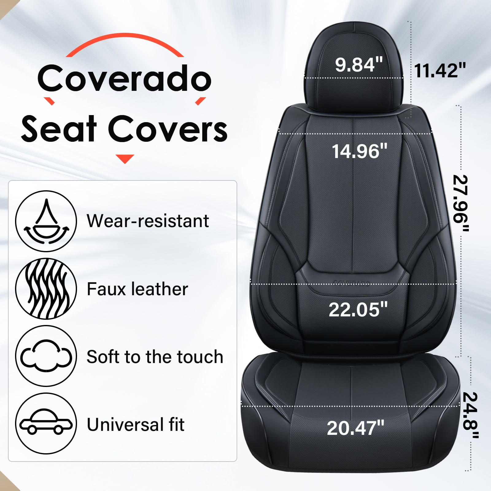 Coverado Black Front Car Seat Covers, Stylish Waterproof Premium Leather Automotive Seat Protectors, Airbag Compatible Auto Interior Accessories Universal Fit for Most Cars SUV Pick-up Trucks