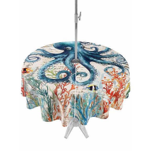 Outdoor Table Cloth with Umbrella Hole and Zipper, Coastal Octopus Waterproof Round Tablecloth 54 Inch, Summer Vintage Nautical Coral Starfish Washable Table Cover for Outside Party Patio Picnic