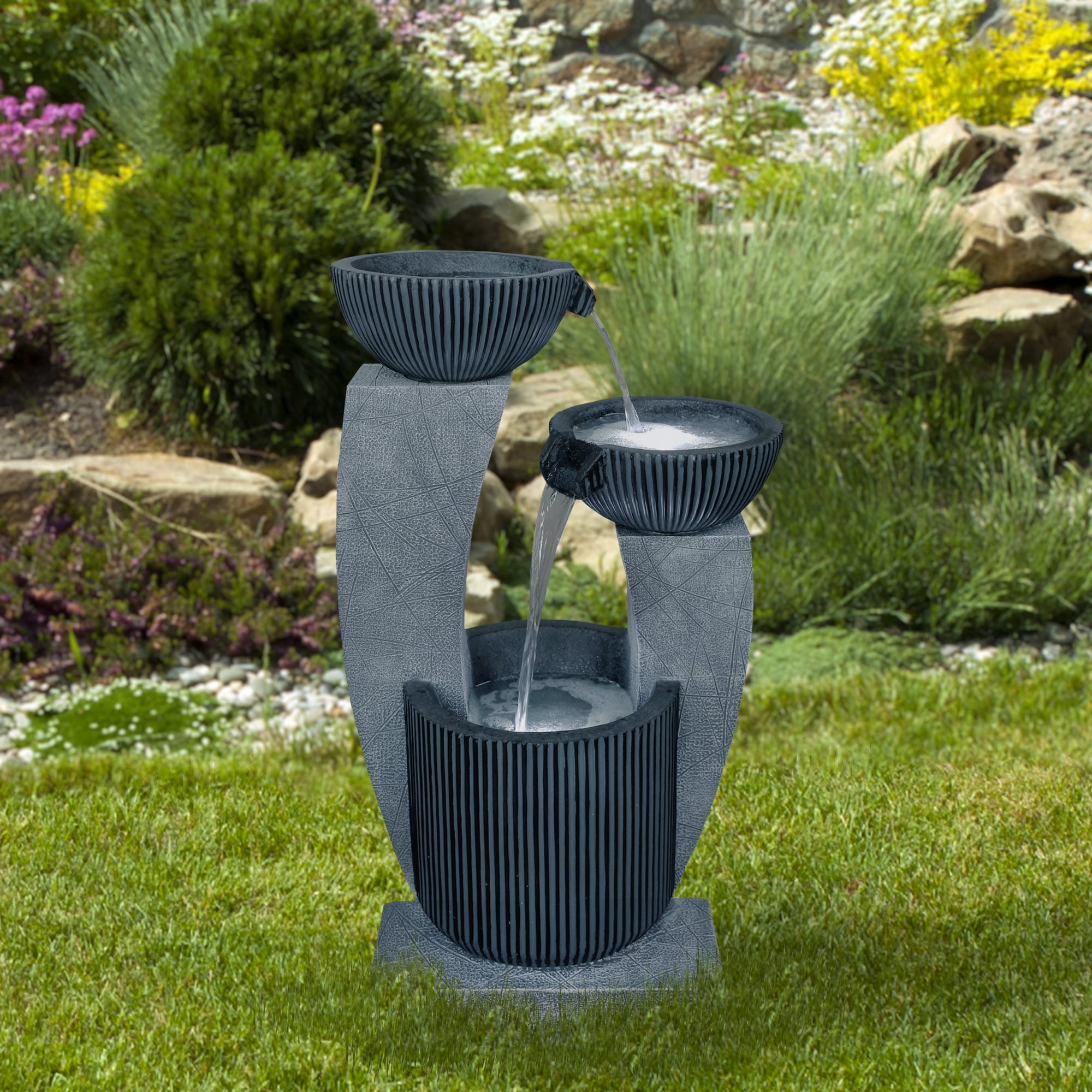 Northlight 32" Lighted Blue Modern Tiered Outdoor Garden Water Fountain