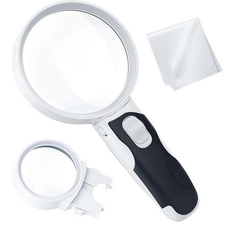Peroptimist LED Illuminated Magnifying Glass Kit, Best Magnifier with Lights for Seniors, Macular Degeneration, Maps, Inspecting Kids for Lice- 2-Lens (10X +