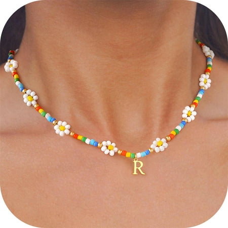 Turandoss Colorful Flower Beaded Initial Choker Necklace for Girls Women Tiny Gold Plated Pendant Letter A-Z Kids Jewelry Trend Personalized Birthday Gifts for Women Teen Girl