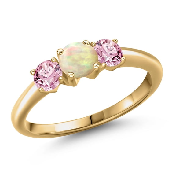 Gem Stone King 18K Yellow Gold Plated Silver White Ethiopian Opal and Pink Lab Grown Diamond Engagement Ring for Women | 0.80 Cttw | Round Cabochon 5MM | Gemstone October Birthstone | Size 7