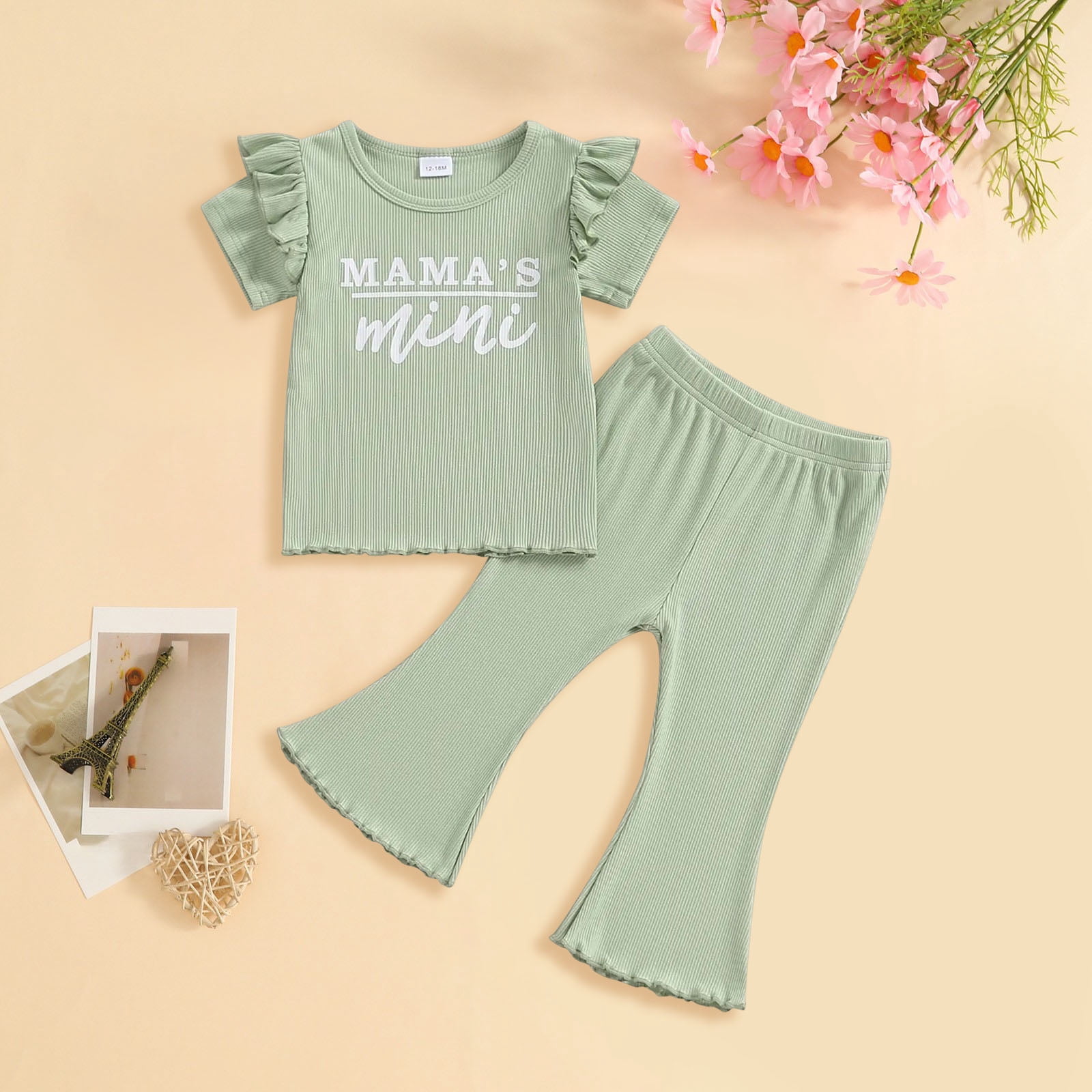 Faraee Baby Girl Clothes Summer Knit Ruffle Short Sleeve T-Shirt Tee Flare Pants Set 2Pcs Toddler Bell-Bottoms Outfits 12 18 24 Months 2t 3t 4t 5t Green