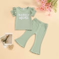 thumbnail image 2 of YDFCWXW Baby Girl Outfit Letter Print Ribbed Ruffle Sleeve Shirt Solid Flare Pant Fall Spring 2pcs Clothes (Green, 18-24 Months), 2 of 6