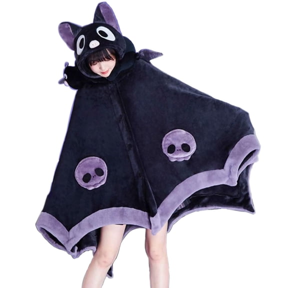 Cute Halloween Wearable Blanket Hoodie Free Size for Adults Devil Bat Hooded Blanket Oversized Soft Sherpa Hoodie Women Throw Cloak Wrap with Demon Wings