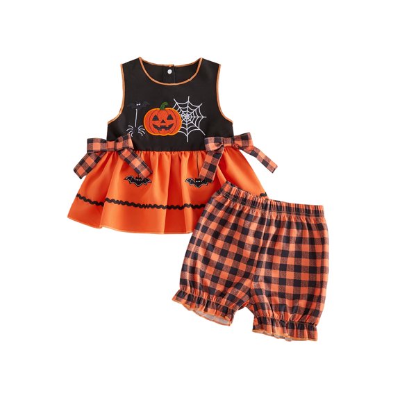 RUINIXCW Toddler Baby Girl Halloween Outfit Embroidered Scallop Trim Sleeveless Babydoll Tops and Plaid Bloomers 2 Piece Set