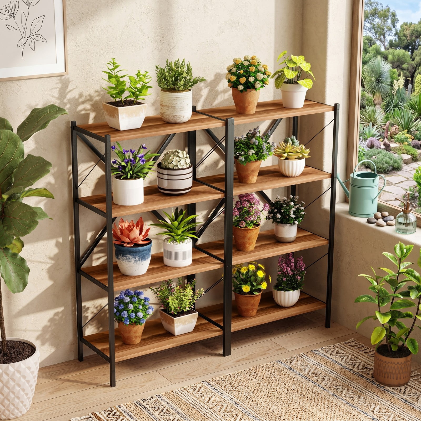 Furnibear 4-Tier Bookshelf with Heavy-Duty Metal Frame, X-Braced Freestanding Storage Bookcase Organizer Plant Stand for Living Room Bedroom Home Office, Walnut