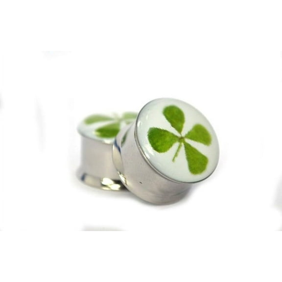 Four Leaf Clover for Good Luck Double Flared Surgical Steel (316L) Gauges/Plugs 1G (7mm) 2 Piece (1 Pair) (B/6/3/73)