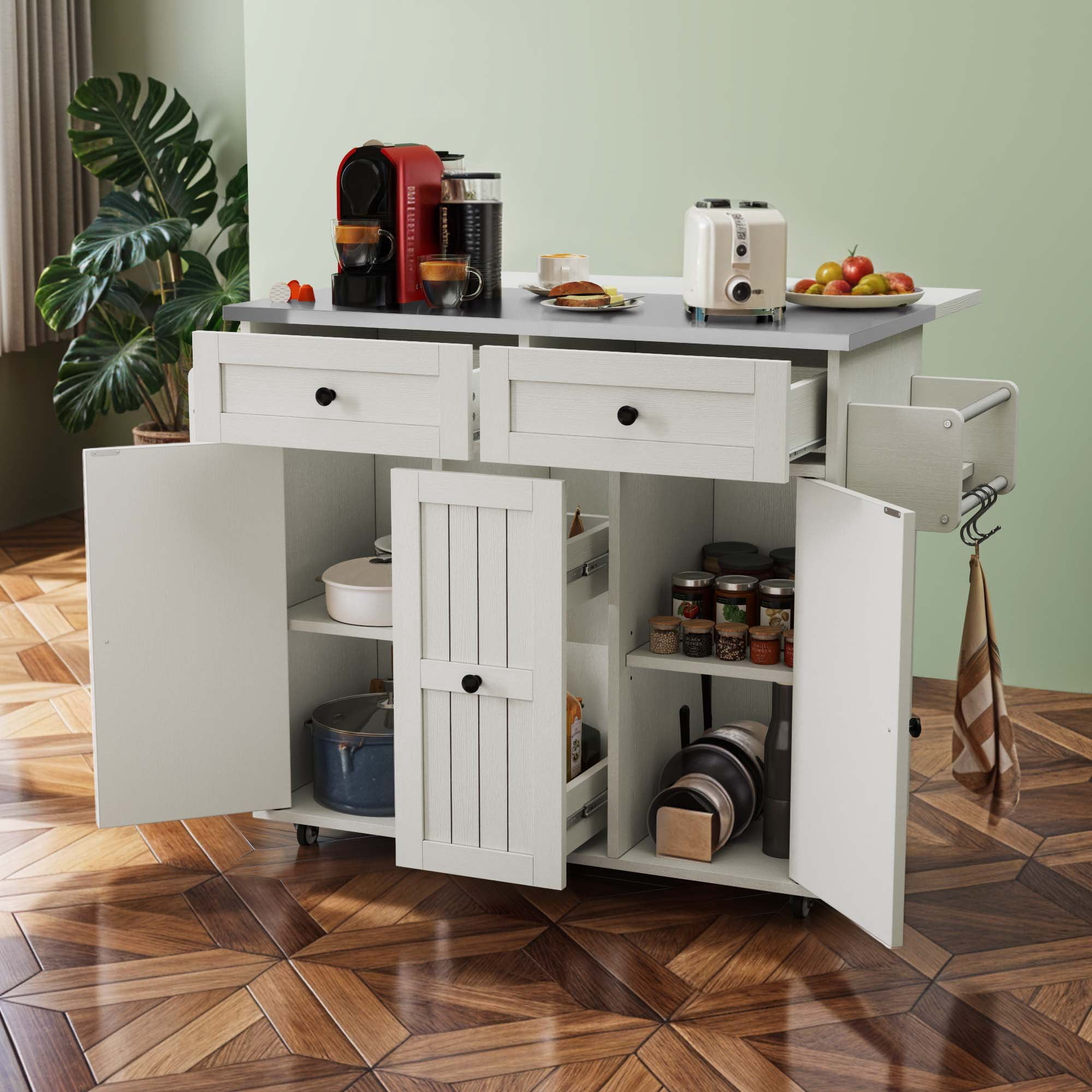 Uforic Kitchen Island with Wheels & Storage, Kitchen Island Cart with Drop Leaf, White