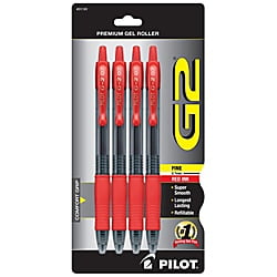 Nonrefillable Red Ink Pens - Pilot® G-2™ Retractable Gel Pens, Fine Point, 0.7 mm, Clear Barrels, Red Ink, Pack Of 4