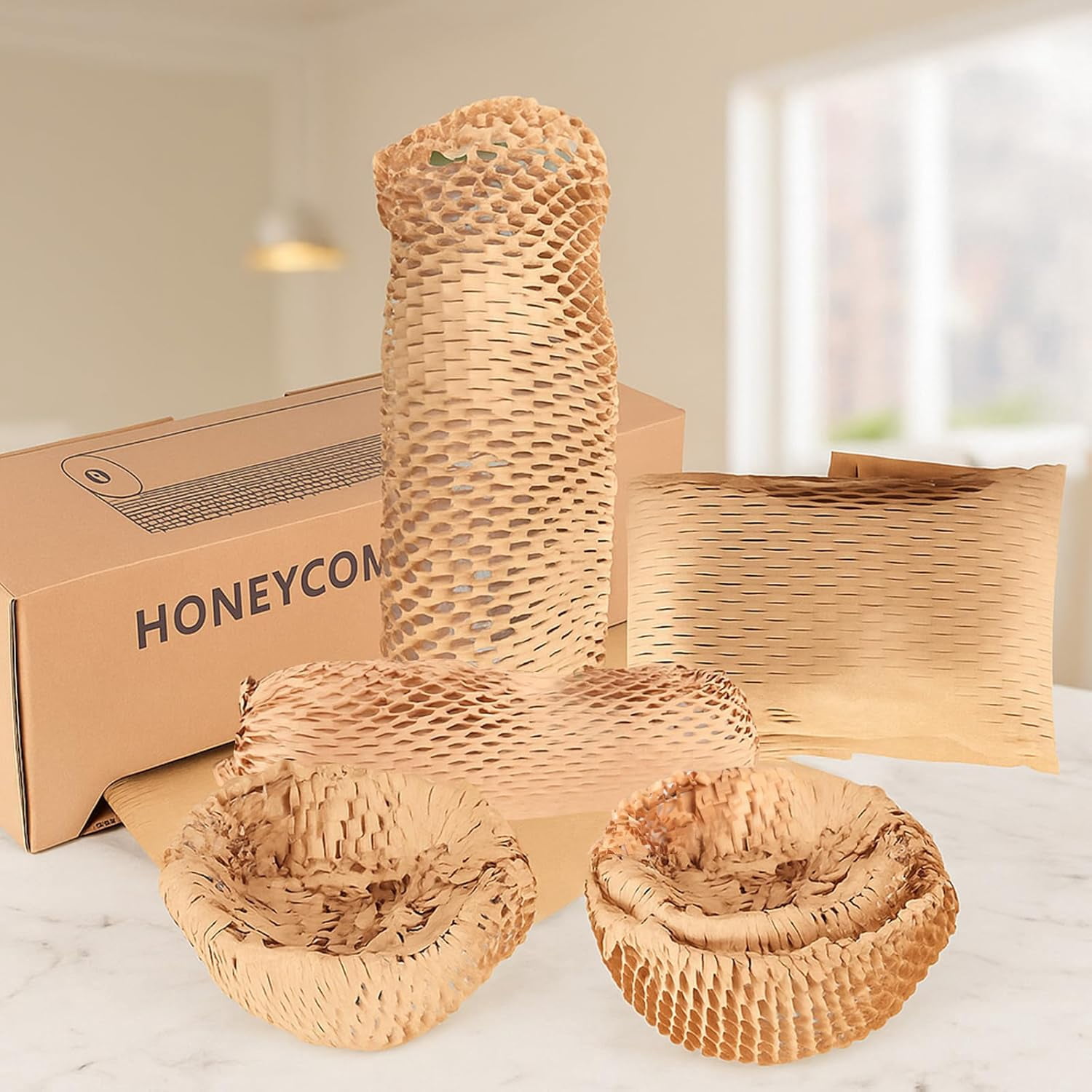 Eco-Friendly Honeycomb Packing Paper - 15" x 500' with Easy Dispense Box, 100% Recyclable Kraft Material, Ideal for E-Commerce, Moving, and Small Business Shipping