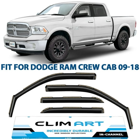 CLIM ART in-Channel Incredibly Durable Rain Guards for Dodge RAM 09-18 1500 Crew Cab  Mega Cab  Original Window Deflectors  Vent Deflector Window Visor  Dark Smoke  Truck Accessories  4 pcs. - 609006