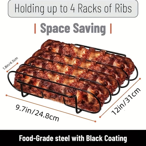 Black Stainless Steel Rib Rack, Heavy Duty BBQ Rib Holder Holds 4 Full Racks, Portable Grilling Tool for Outdoor Smoker Campfire, Even Heat Distribution Easy Assembly for Steak Rib Chicken Fish